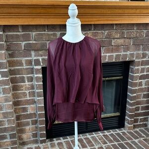 Trina Turk Silk Burgundy Long Sleeve Cape Blouse Size S